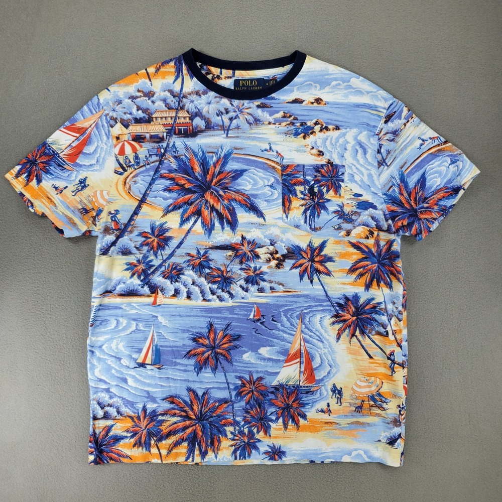 Polo Ralph‎ Lauren T-Shirt Men M Blue Tropical Scenic Beach Pocket Graphic Tee